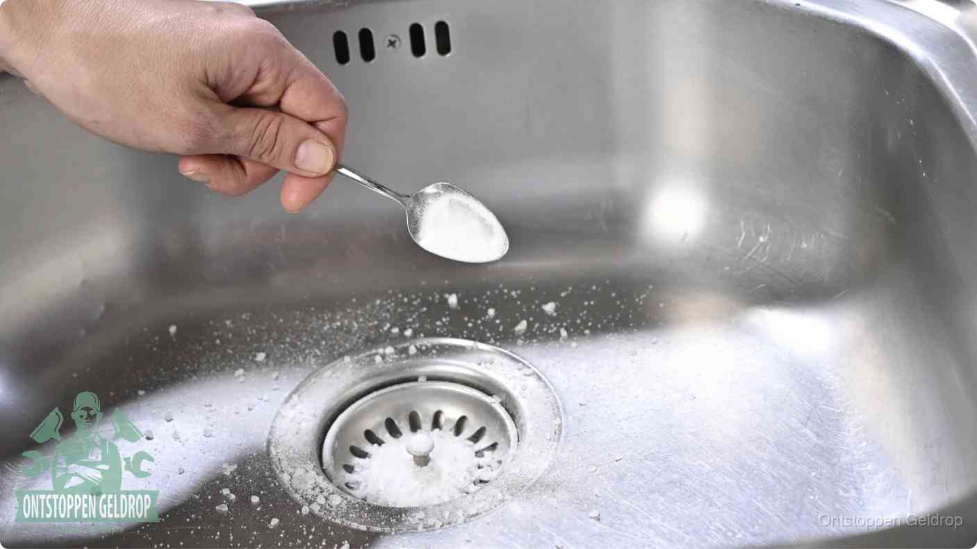 Een hand strooit met een lepel soda in de afvoer van een roestvrijstalen spoelbak, de soda en azijn huismiddel-methode om de afvoer te ontstoppen in Geldrop